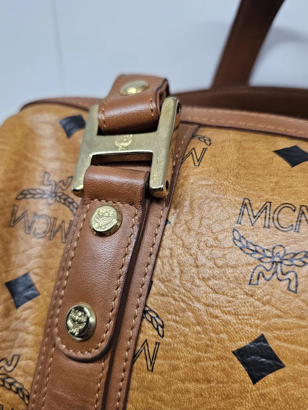 MCM Cognac Visetos Barrel Satchel Bag